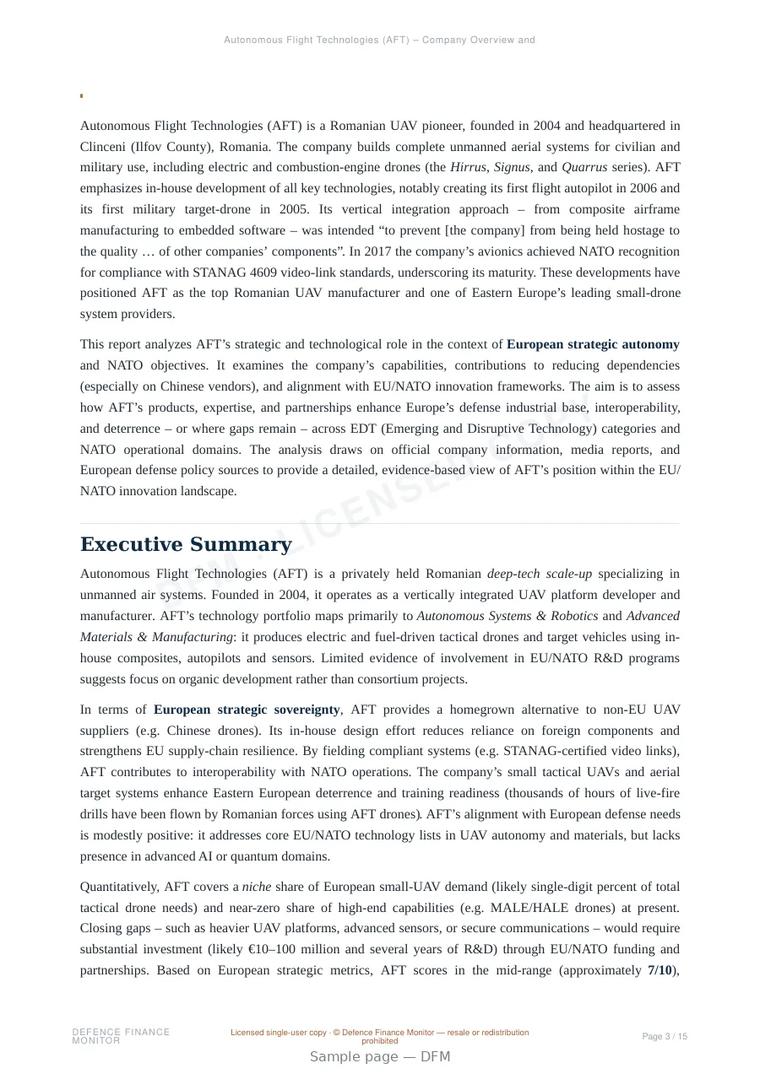 Sample page from “Autonomous Flight Technologies (AFT) — Romania unmanned aerial systems company” — 16-page report
