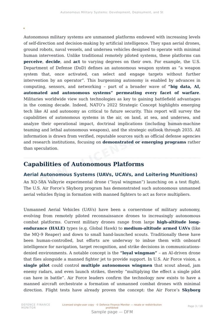 Sample page from “Autonomous Military Systems: Development, Deployment, and Strategic Implications” — 19-page report