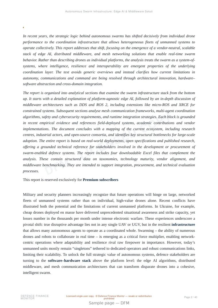 Sample page from “Autonomous Swarm Infrastructure: Edge AI & Middleware Solutions” — 41-page report