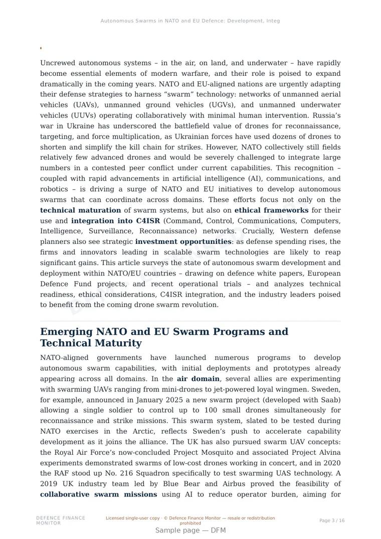 Sample page from “Autonomous Swarms in NATO and EU Defence: Development, Integration, and Investment” — 17-page report