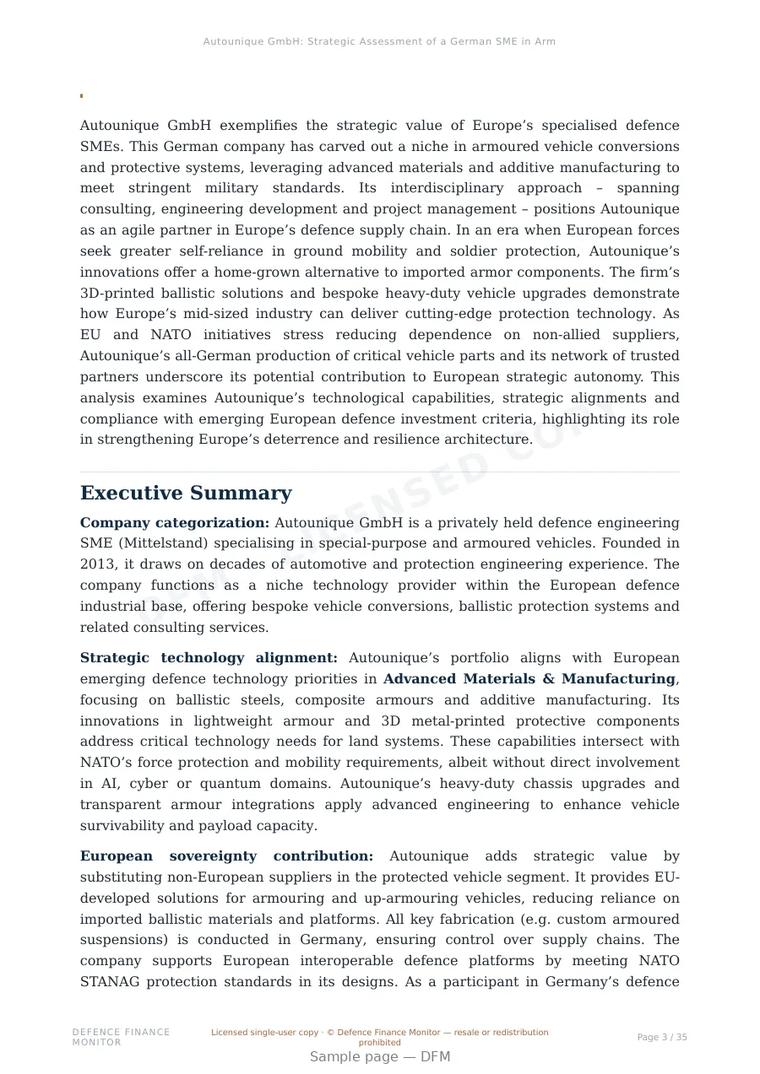 Sample page from “Autounique GmbH: Strategic Assessment of a German SME in Armoured Vehicle Technologies” — 36-page report