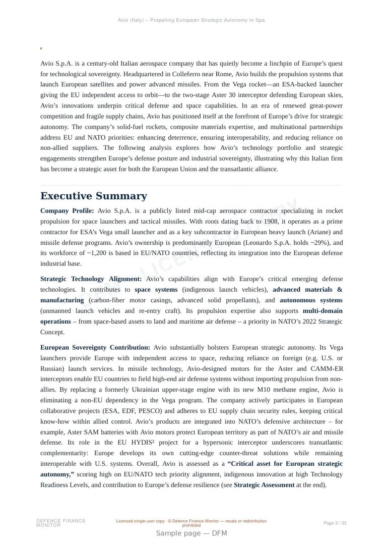 Sample page from “Avio (Italy) – Propelling European Strategic Autonomy in Space and Defense” — 34-page report