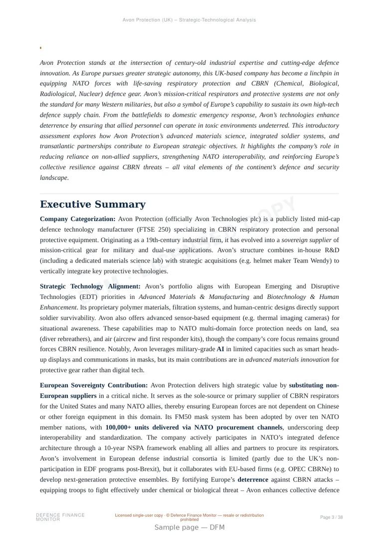 Sample page from “Avon Protection — United Kingdom biotechnology company” — 39-page report