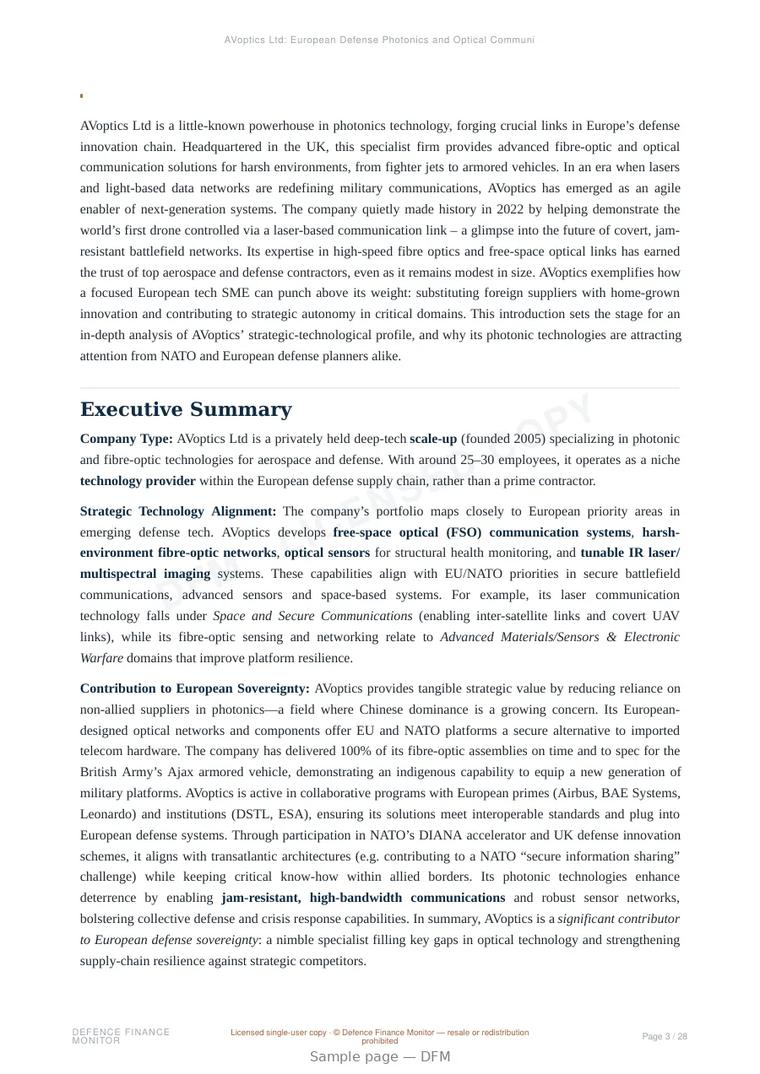 Sample page from “AVoptics Ltd: European Defense Photonics and Optical Communications” — 29-page report