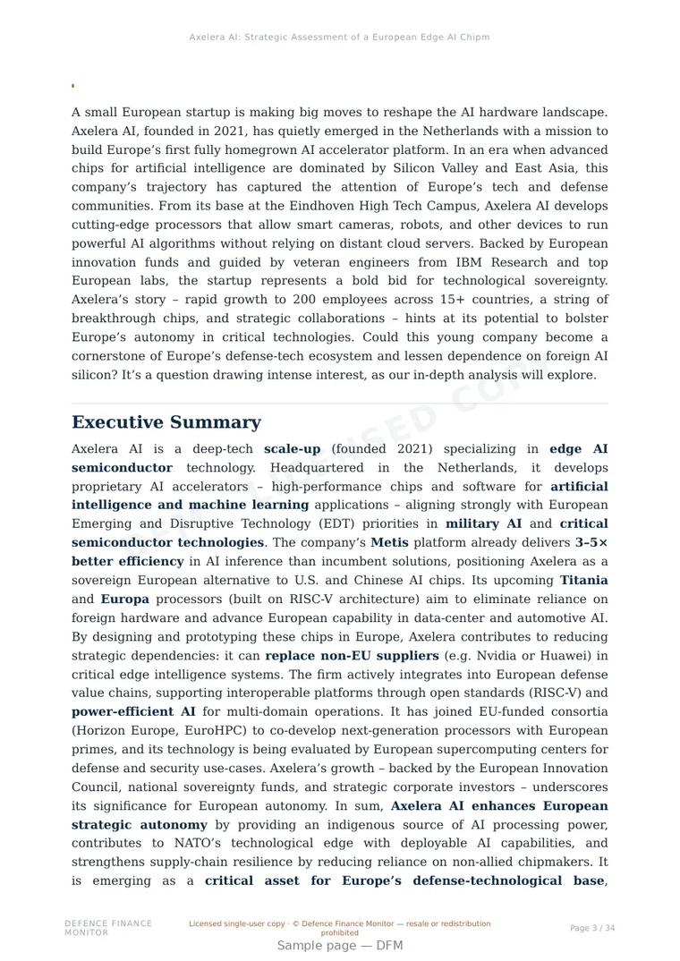 Sample page from “Axelera AI: Strategic Assessment of a European Edge AI Chipmaker for Defense and Dual-Use Autonomy” — 35-page report