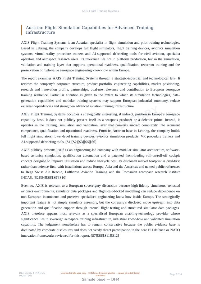 Sample page from “AXIS Flight Training Systems” — 15-page report