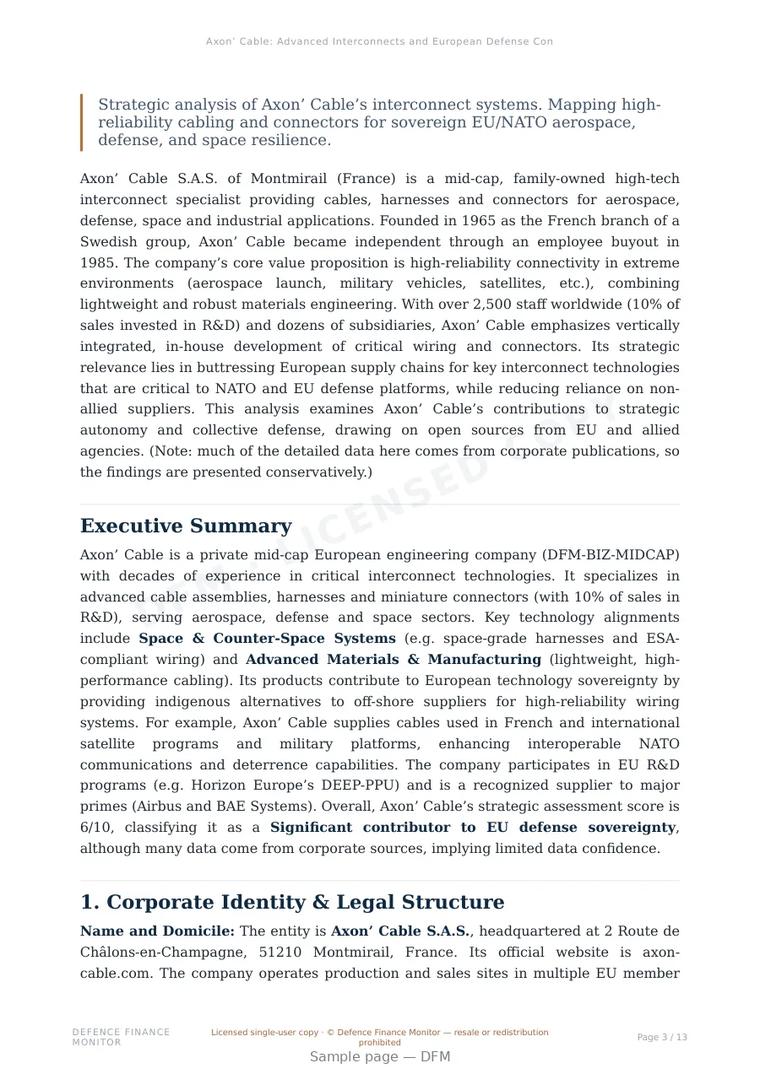 Sample page from “Axon’ Cable: Advanced Interconnects and European Defense Connectivity” — 14-page report