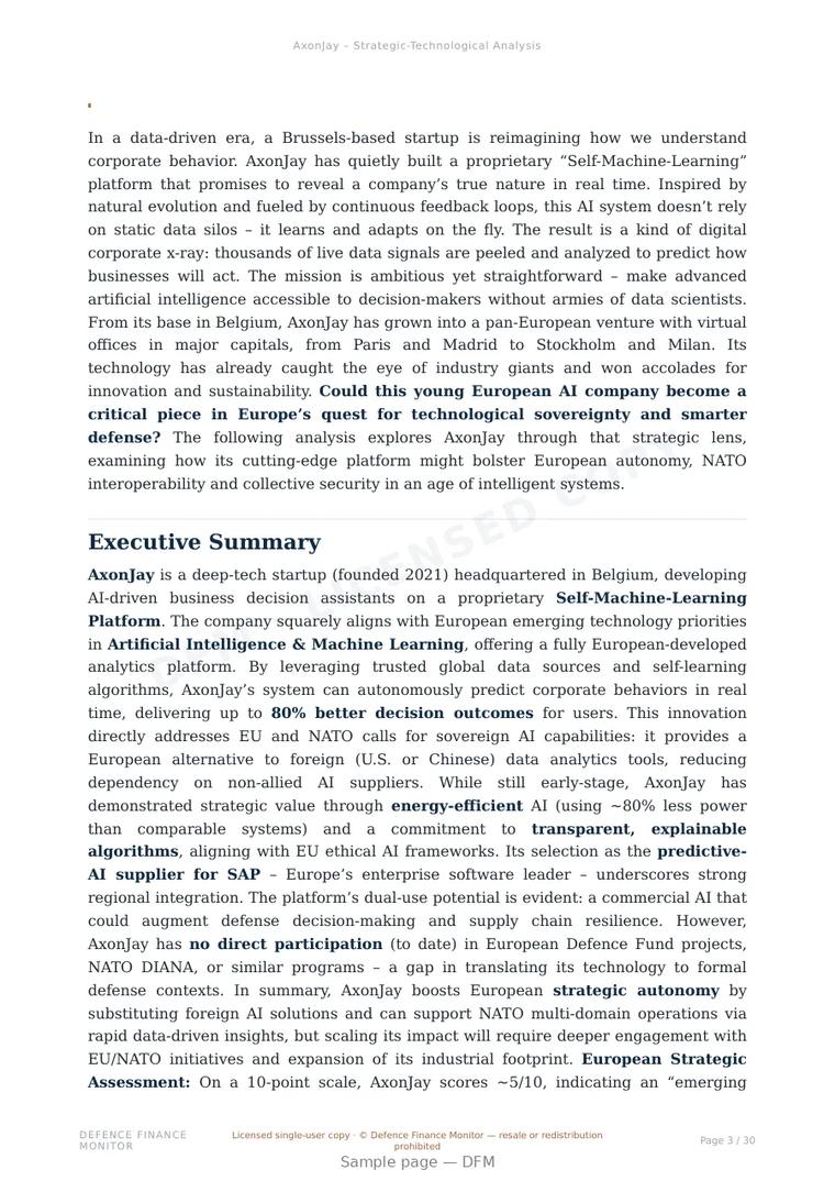 Sample page from “AxonJay — Belgium machine learning core company” — 31-page report
