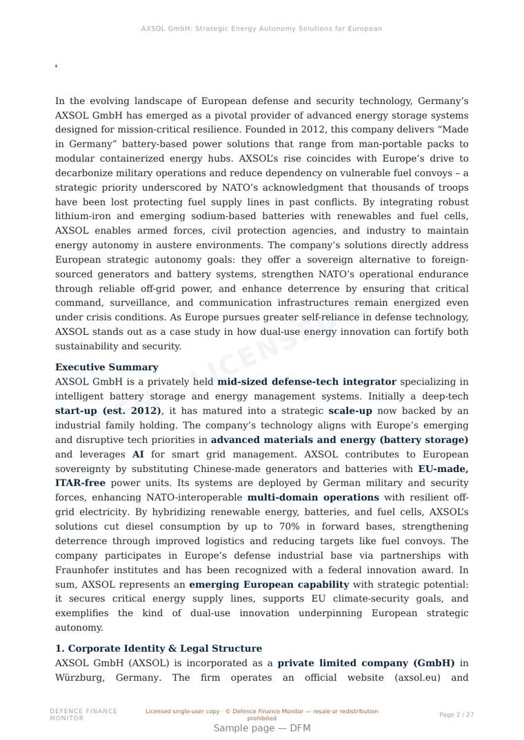 Sample page from “AXSOL GmbH: Strategic Energy Autonomy Solutions for European Defence and Dual-Use Applications” — 28-page report