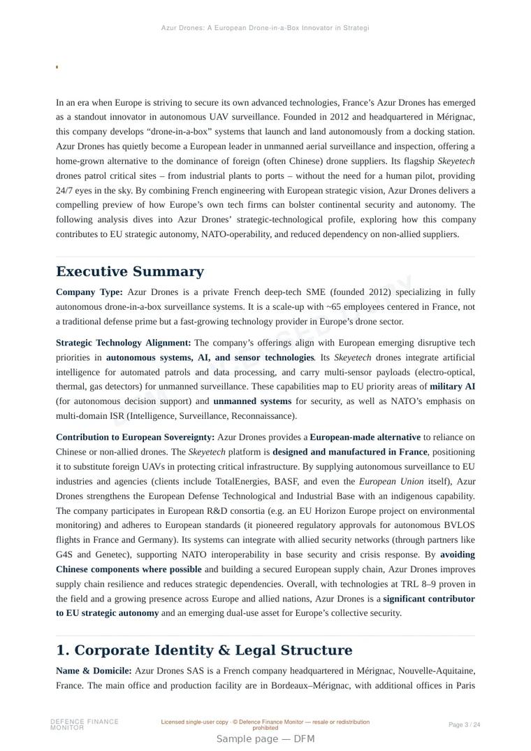 Sample page from “Azur Drones: A European Drone-in-a-Box Innovator in Strategic Autonomy” — 25-page report