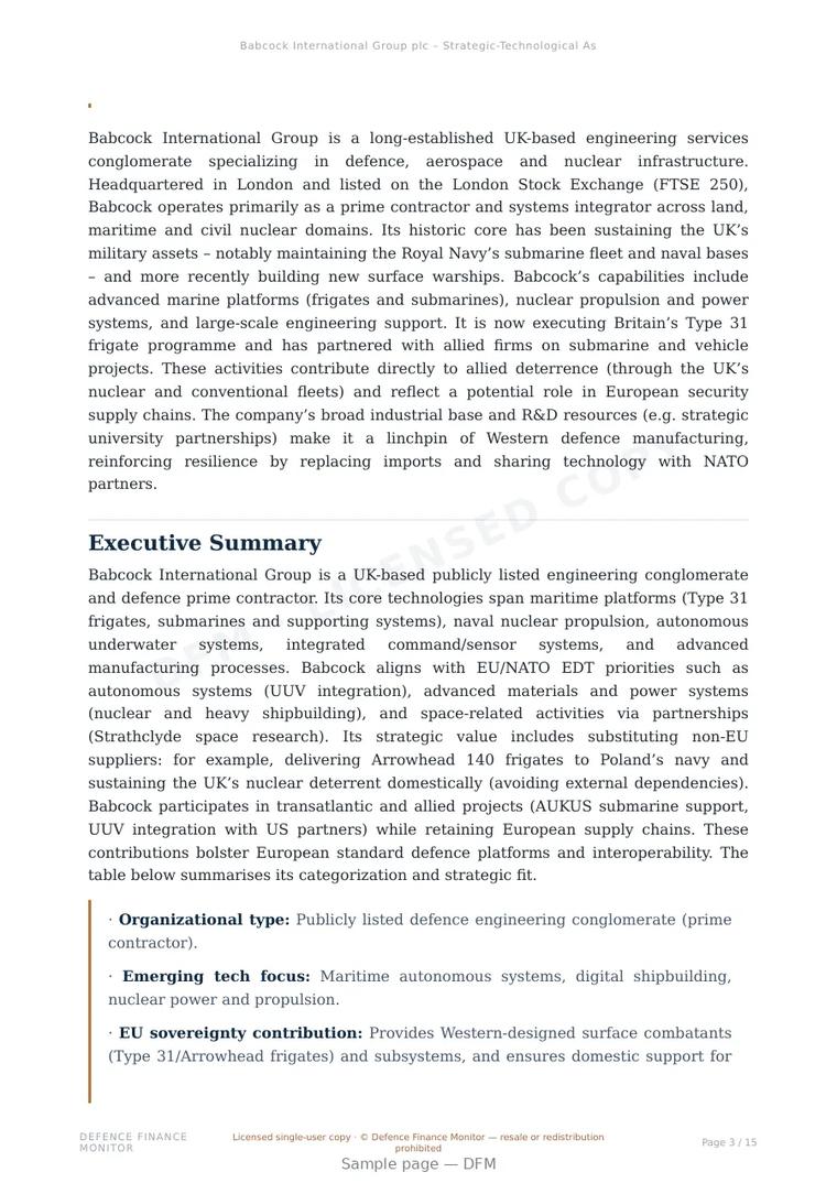 Sample page from “Babcock International Group plc – Strategic-Technological Assessment” — 16-page report