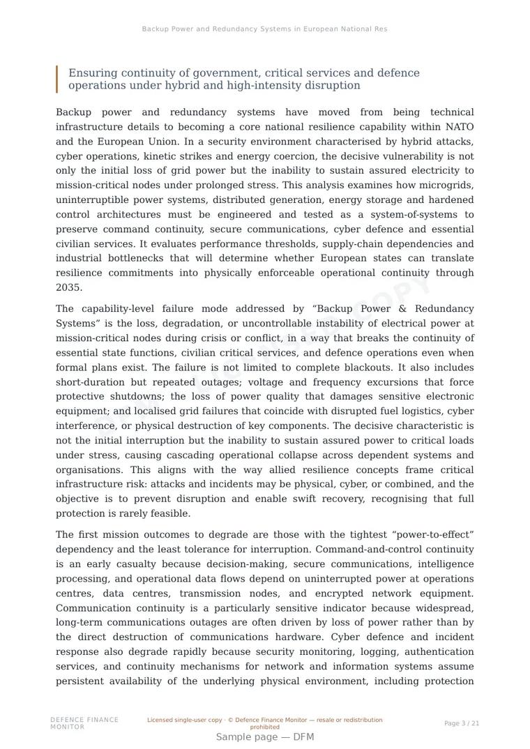 Sample page from “Backup Power and Redundancy Systems in European National Resilience” — 22-page report