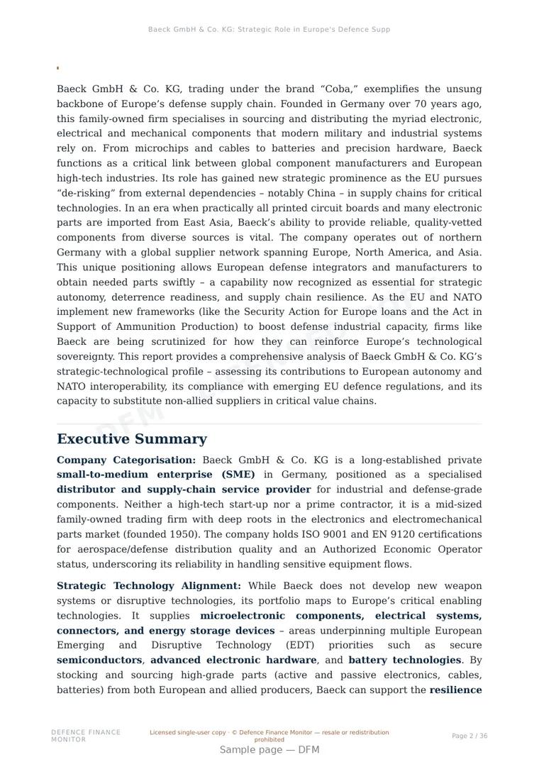 Sample page from “Baeck GmbH & Co. KG: Strategic Role in Europe's Defence Supply Chain and Industrial Autonomy” — 37-page report