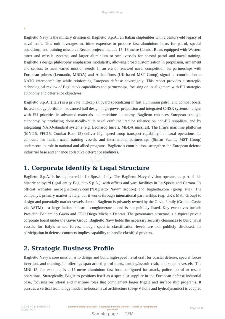 Sample page from “Baglietto Navy” — 11-page report
