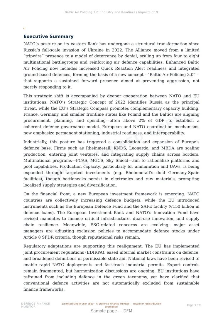 Sample page from “Baltic Air Policing 3.0: Industry and Readiness Impacts of NATO’s New Eastern Posture” — 22-page report