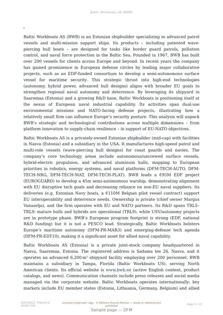 Sample page from “Baltic Workboats AS (BWB)” — 14-page report