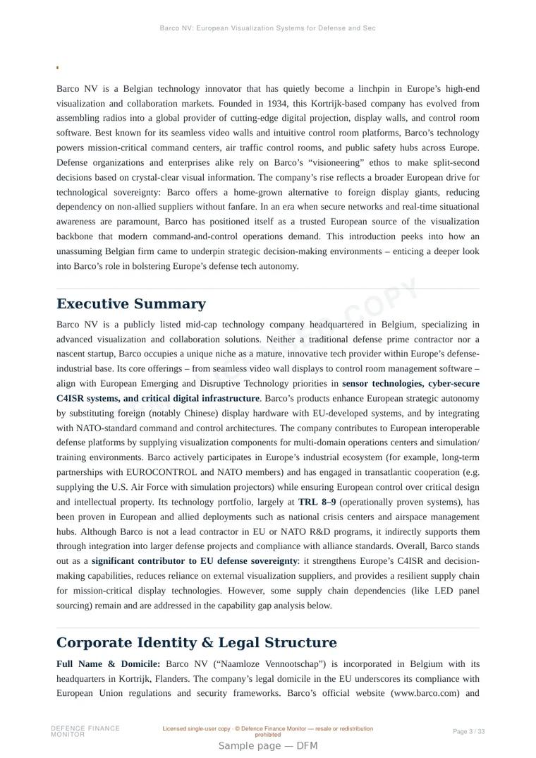 Sample page from “Barco NV: European Visualization Systems for Defense and Security” — 34-page report