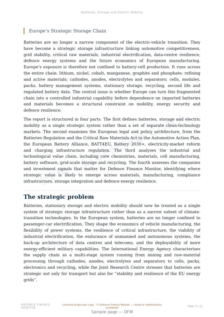 Sample page from “Batteries, Storage and Electric Mobility” — 22-page report