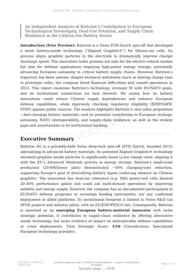 Sample page from “Battrion AG – Strategic Assessment of an Advanced Battery Materials Innovator” — 14-page report