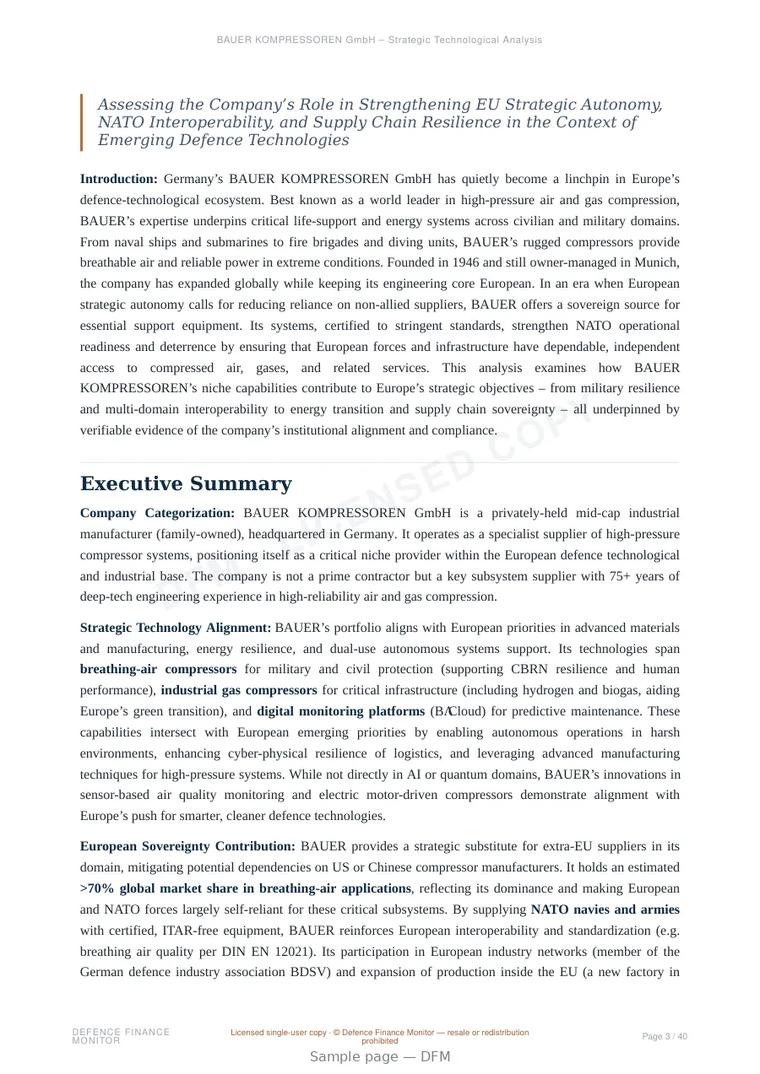 Sample page from “BAUER KOMPRESSOREN GmbH – Strategic Technological Analysis” — 41-page report
