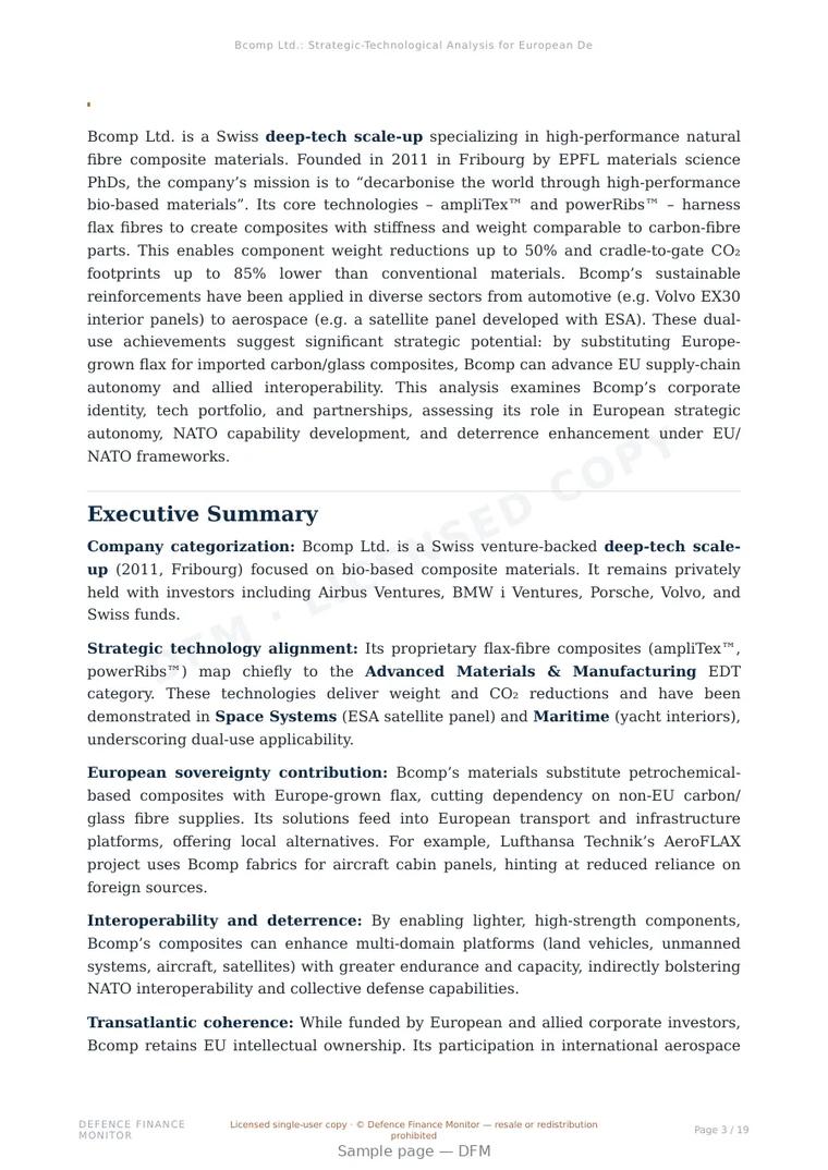 Sample page from “Bcomp Ltd. — Switzerland composite materials company” — 20-page report