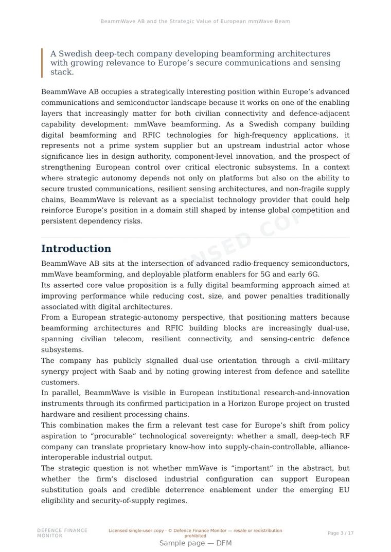 Sample page from “BeammWave AB and the Strategic Value of European mmWave Beamforming in Dual-Use Communications and Defence-Adjacent Electronics” — 18-page report