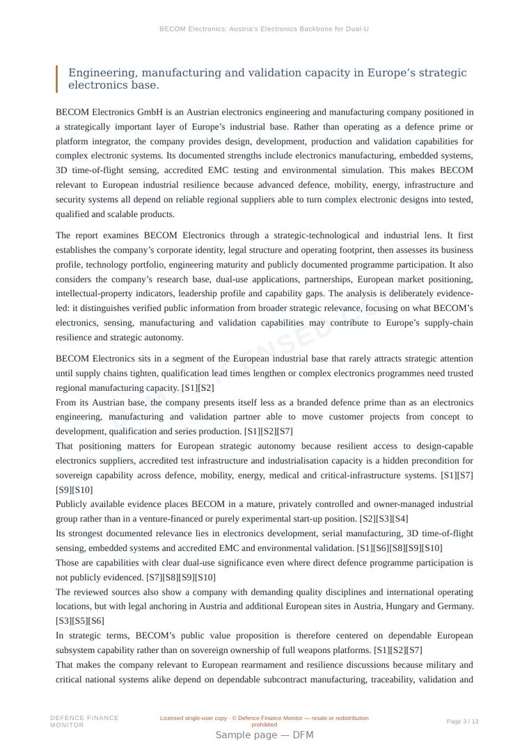 Sample page from “BECOM Electronics: Austria’s Electronics Backbone for Dual-Use Industrial Resilience” — 14-page report