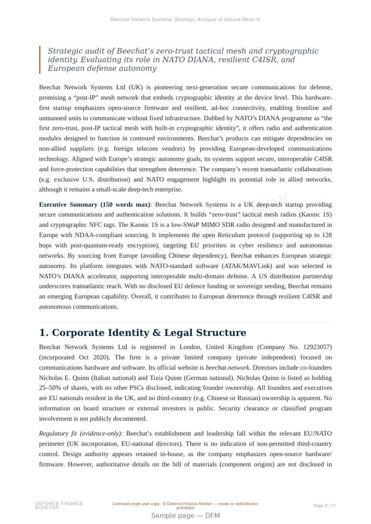 Sample page from “Beechat Network Systems: Strategic Analysis of Secure Mesh Networking and Allied Sovereignty” — 12-page report