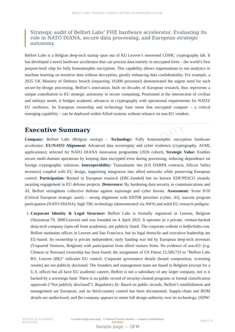 Sample page from “Belfort Labs: Strategic Analysis of Fully Homomorphic Encryption (FHE)” — 9-page report