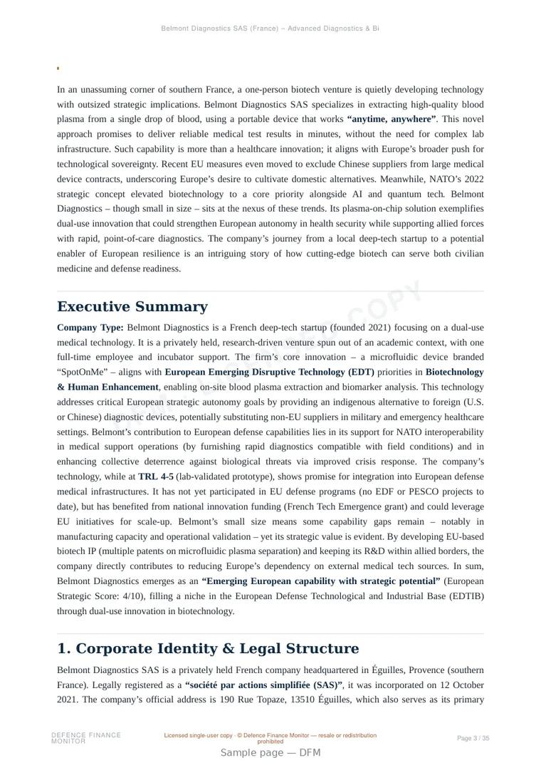 Sample page from “Belmont Diagnostics SAS (France) – Advanced Diagnostics & Biotech Instruments” — 36-page report