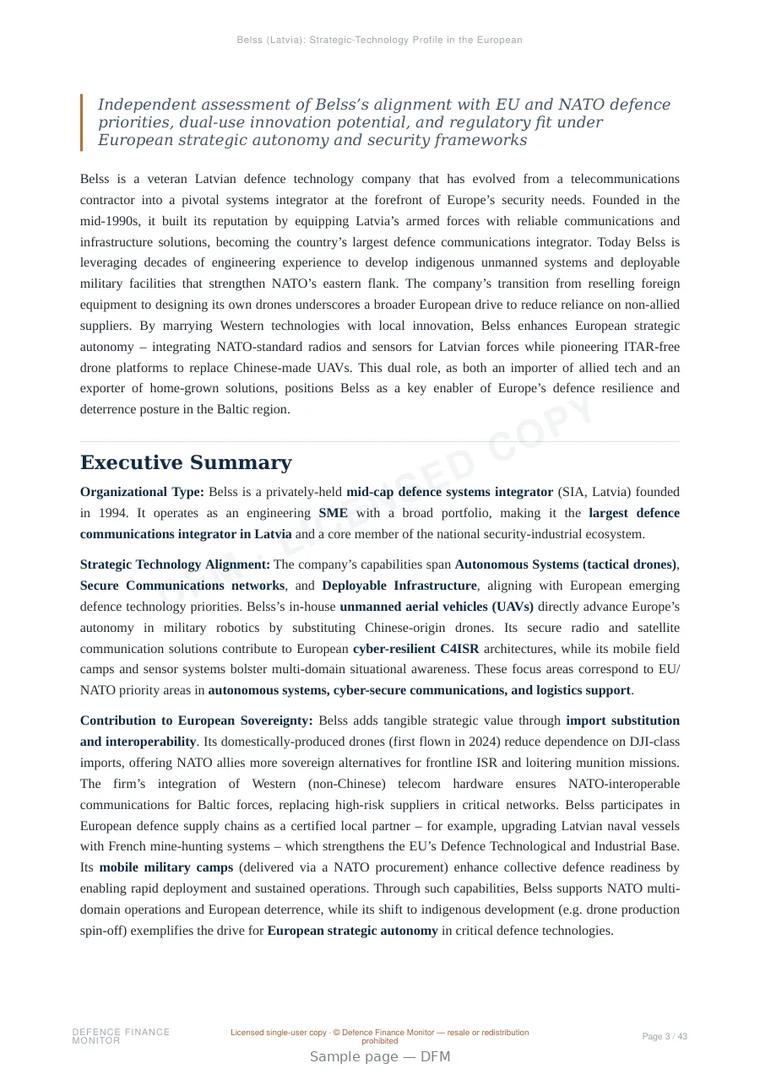 Sample page from “Belss (Latvia): Strategic-Technology Profile in the European Defence Ecosystem” — 44-page report