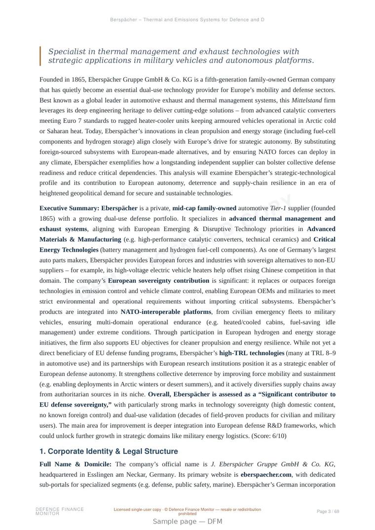Sample page from “Eberspächer – Thermal and Emissions Systems for Defence and Dual-Use Mobility” — 70-page report