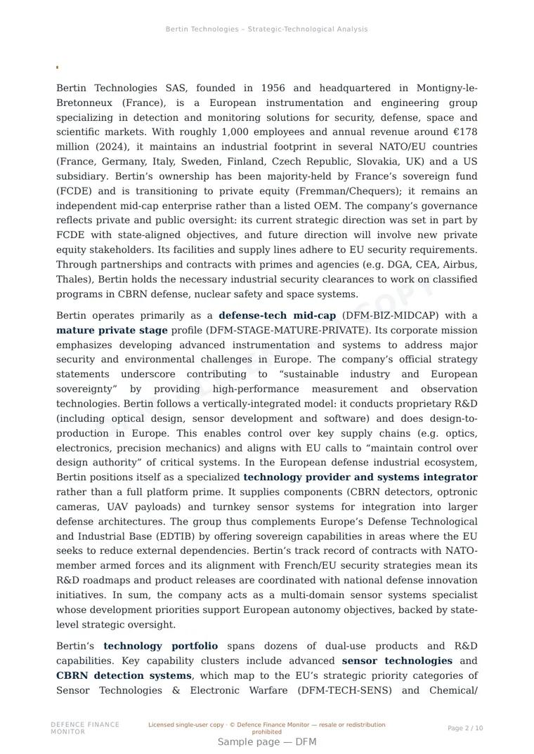 Sample page from “Bertin Technologies SAS — France advanced sensors company” — 11-page report