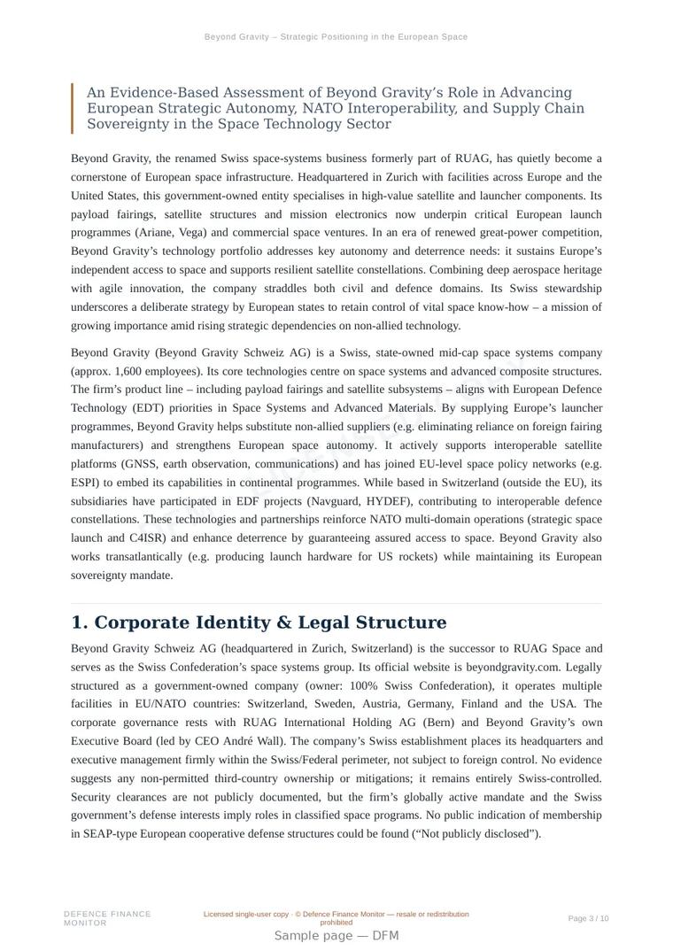 Sample page from “Beyond Gravity – Strategic Positioning in the European Space and Defence Ecosystem” — 11-page report
