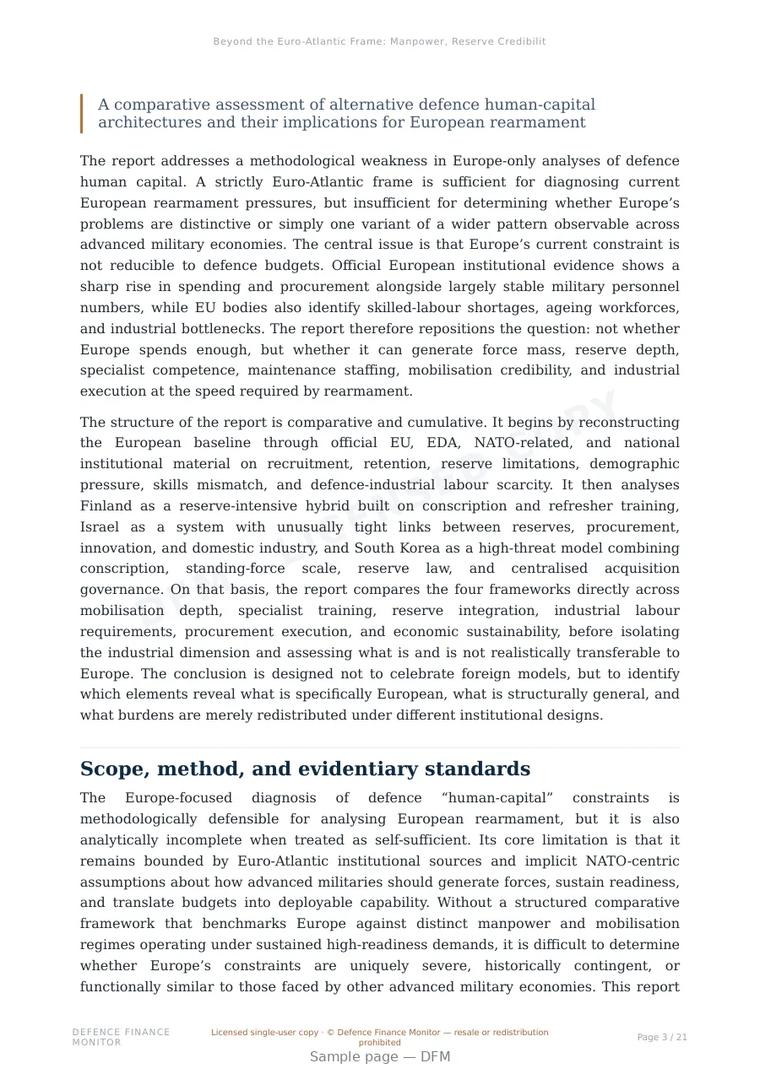 Sample page from “Beyond the Euro-Atlantic Frame: Manpower, Reserve Credibility, and Force–Industry Integration in Finland, Israel, and South Korea” — 22-page report