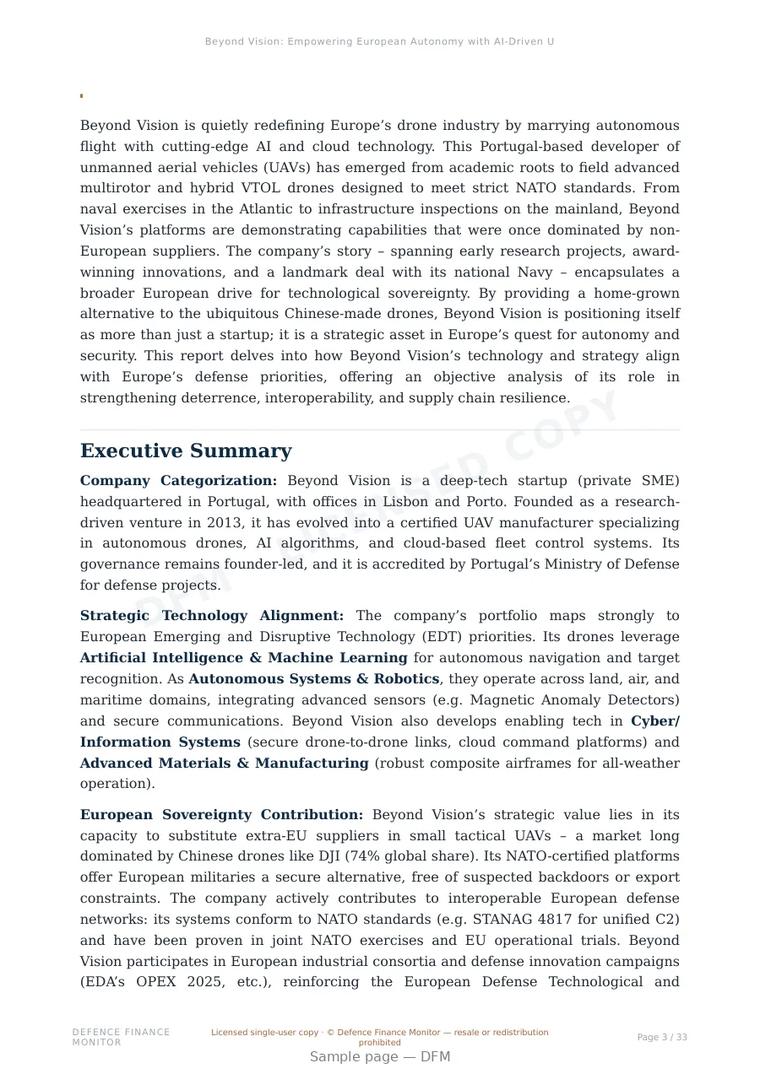 Sample page from “Beyond Vision: Empowering European Autonomy with AI-Driven UAV Innovation” — 34-page report