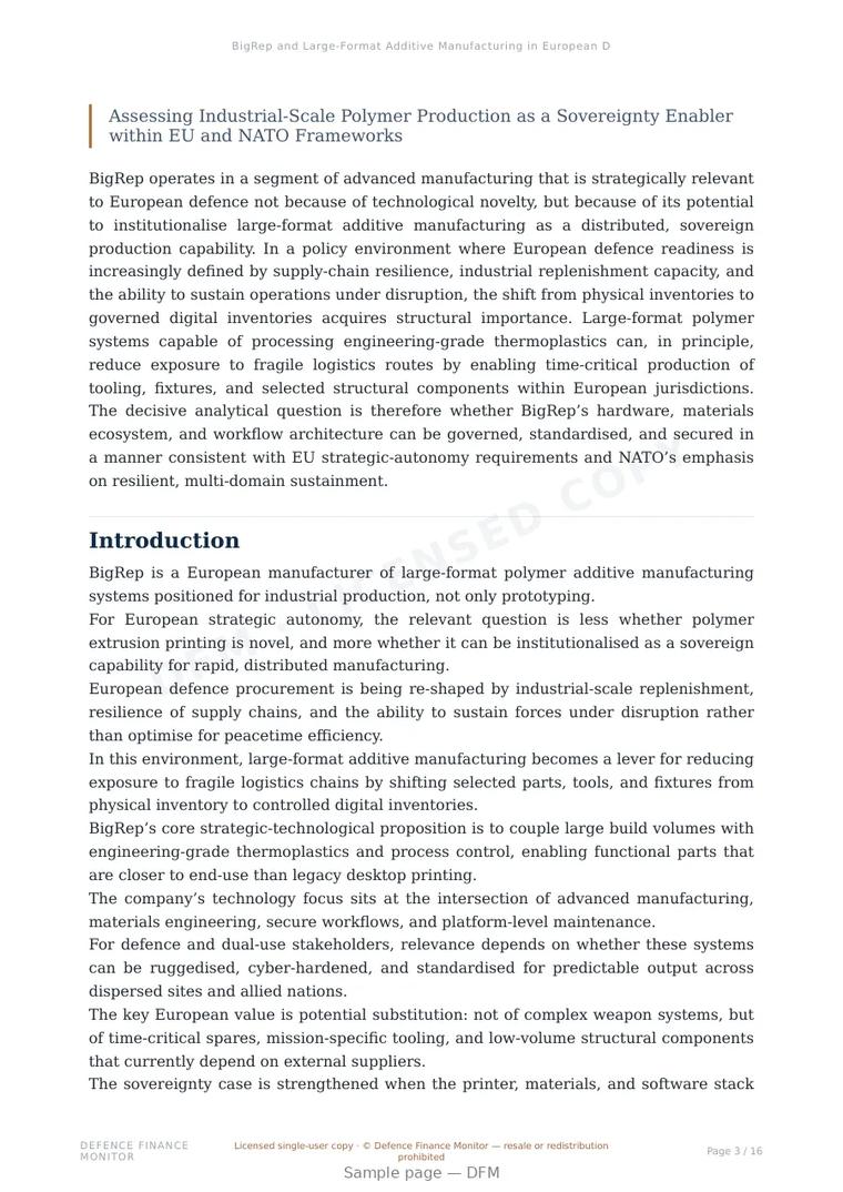 Sample page from “BigRep and Large-Format Additive Manufacturing in European Defence Resilience” — 17-page report