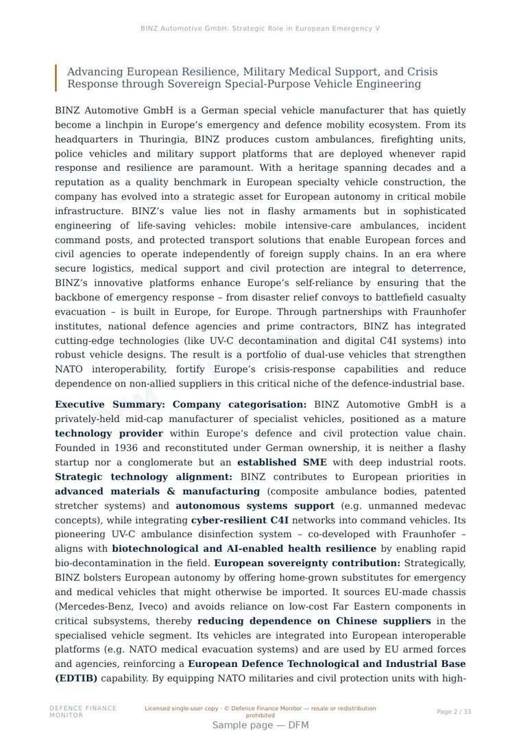 Sample page from “BINZ Automotive GmbH: Strategic Role in European Emergency Vehicle Innovation and Dual-Use Mobility Capabilities” — 34-page report