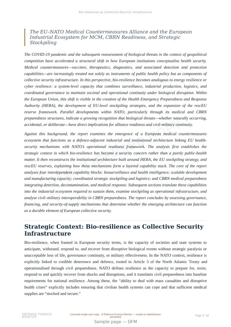 Sample page from “Bio-resilience as Collective Security Infrastructure” — 23-page report