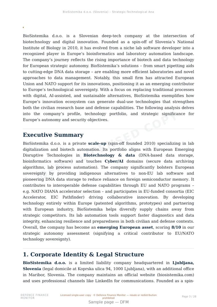 Sample page from “BioSistemika d.o.o. — Slovenia biotechnology company” — 29-page report