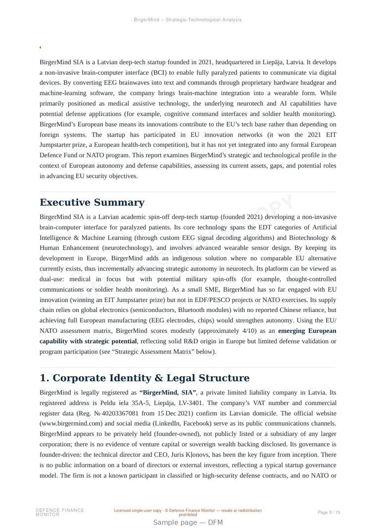 Sample page from “BirgerMind SIA — Latvia human enhancement company” — 16-page report