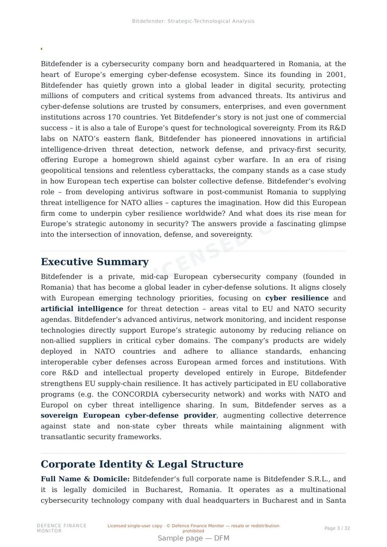 Sample page from “Bitdefender — Romania defensive cyber company” — 33-page report