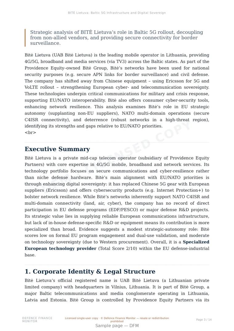 Sample page from “BITĖ Lietuva: Baltic 5G Infrastructure and Digital Sovereignty Mapping” — 15-page report