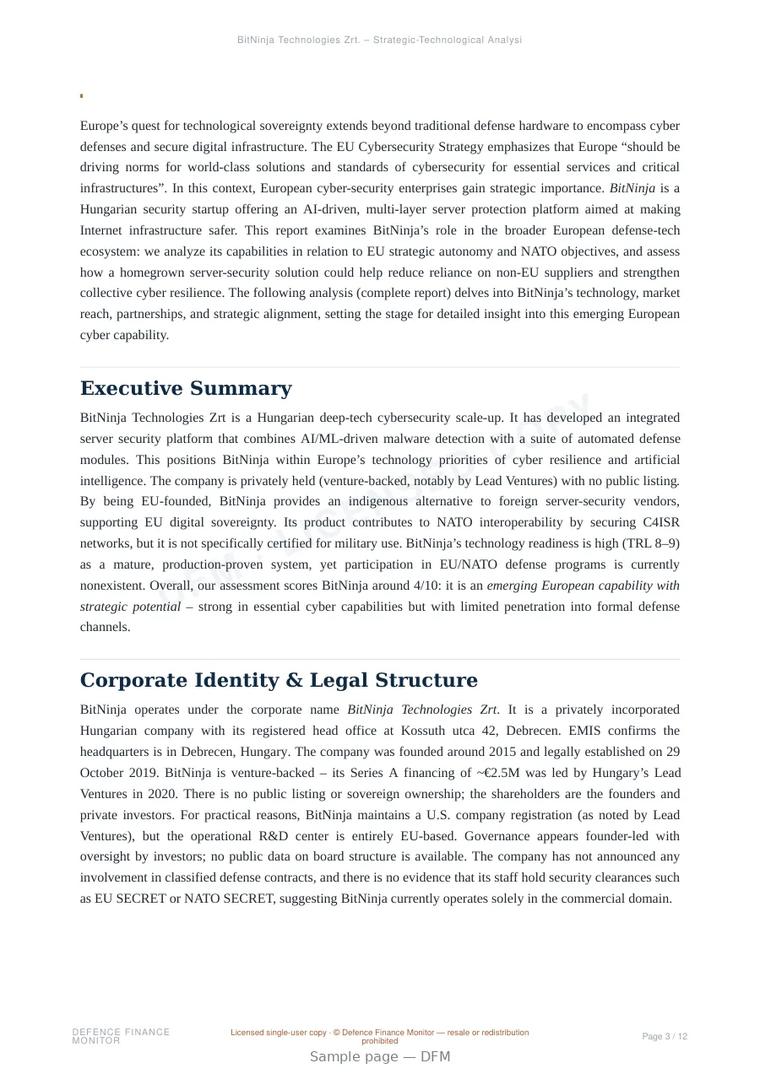 Sample page from “BitNinja — Hungary defensive cyber company” — 13-page report