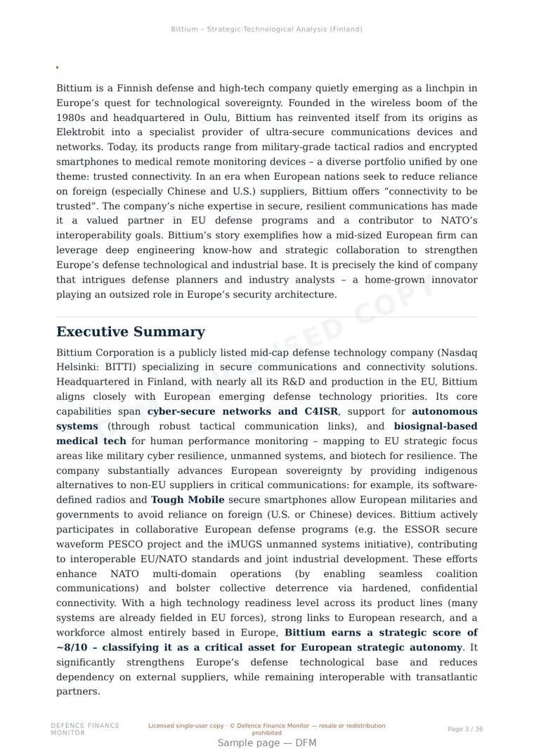 Sample page from “Bittium — Finland secure communications company” — 37-page report