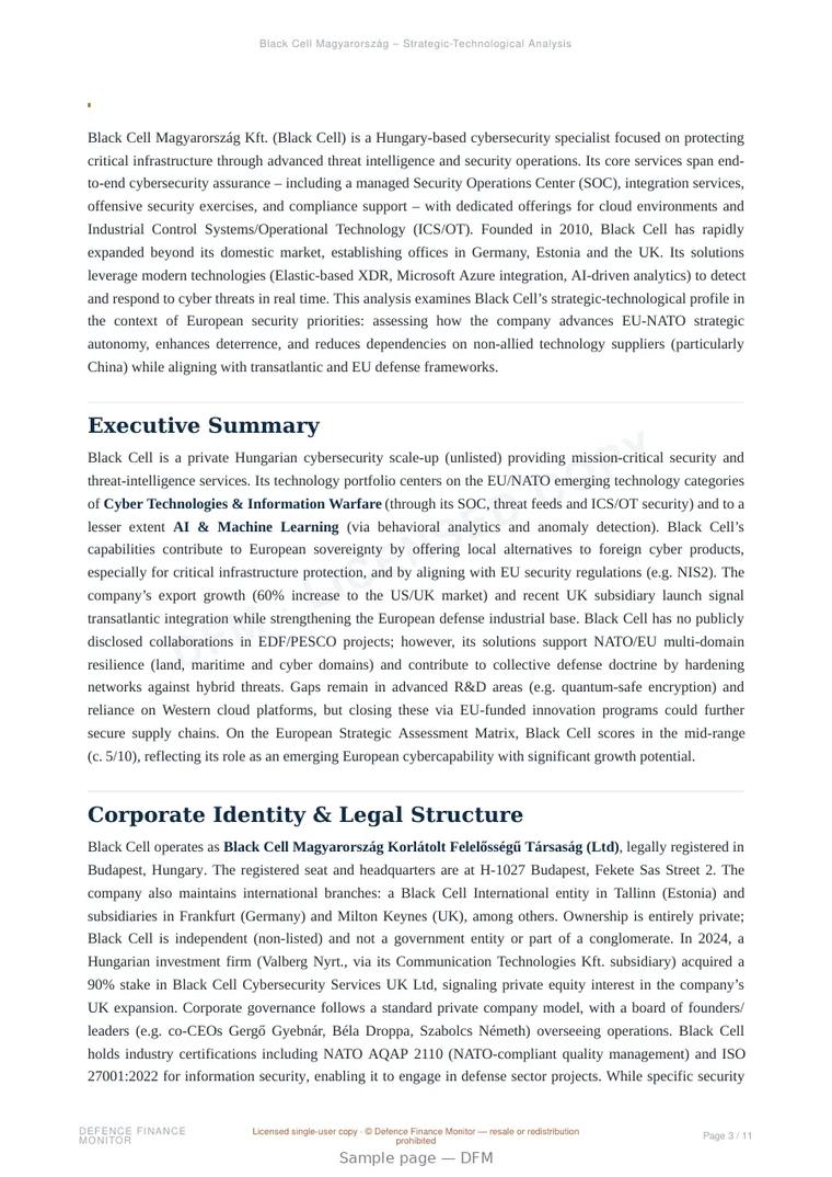 Sample page from “Black Cell Magyarorszag Kft. — Hungary defensive cyber company” — 12-page report