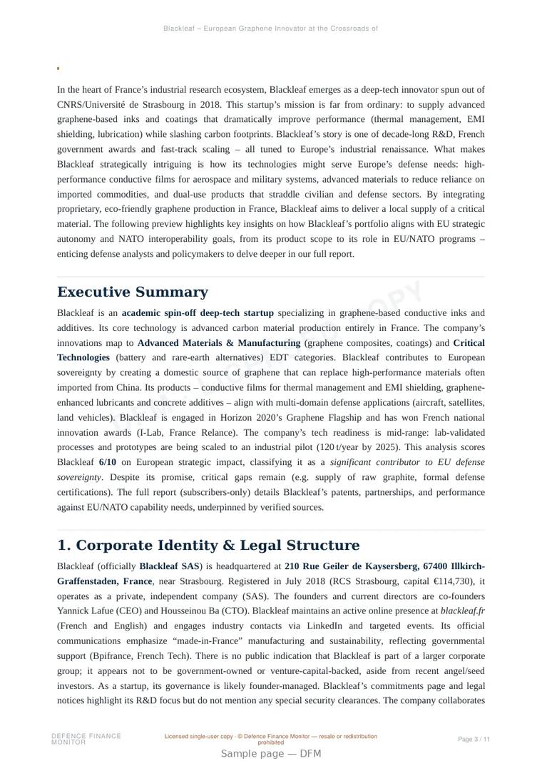 Sample page from “Blackleaf – European Graphene Innovator at the Crossroads of Defense Tech” — 12-page report