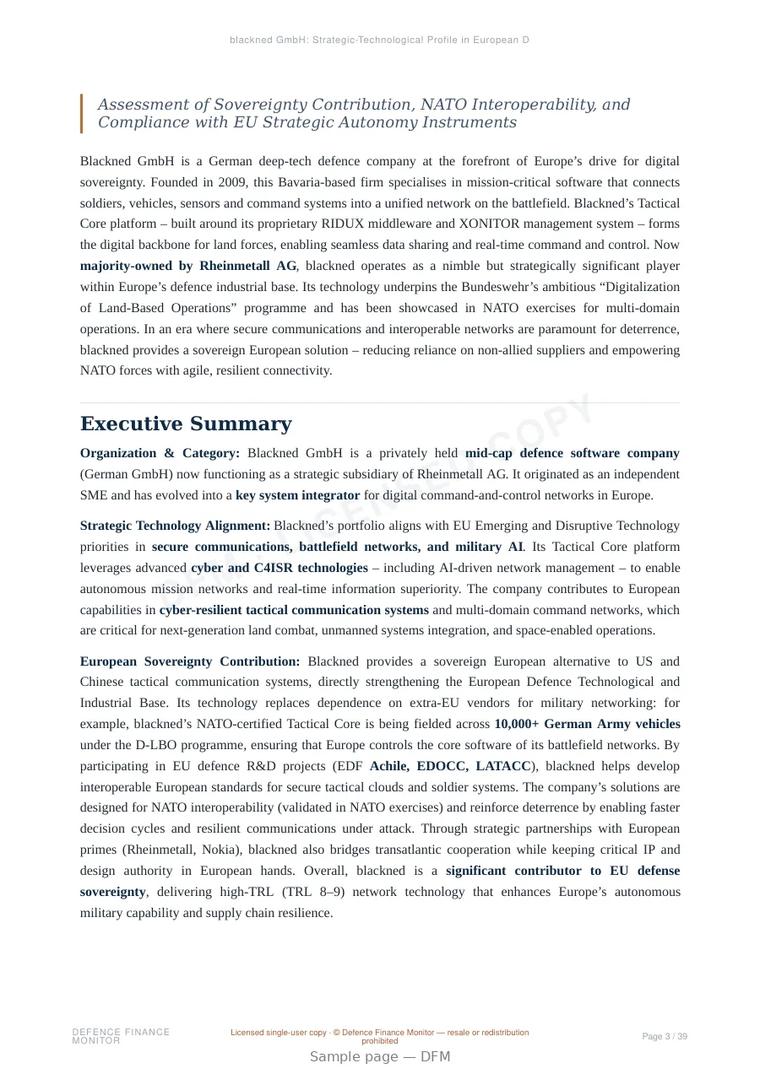 Sample page from “blackned GmbH: Strategic-Technological Profile in European Defence and Dual-Use Digital Systems” — 40-page report