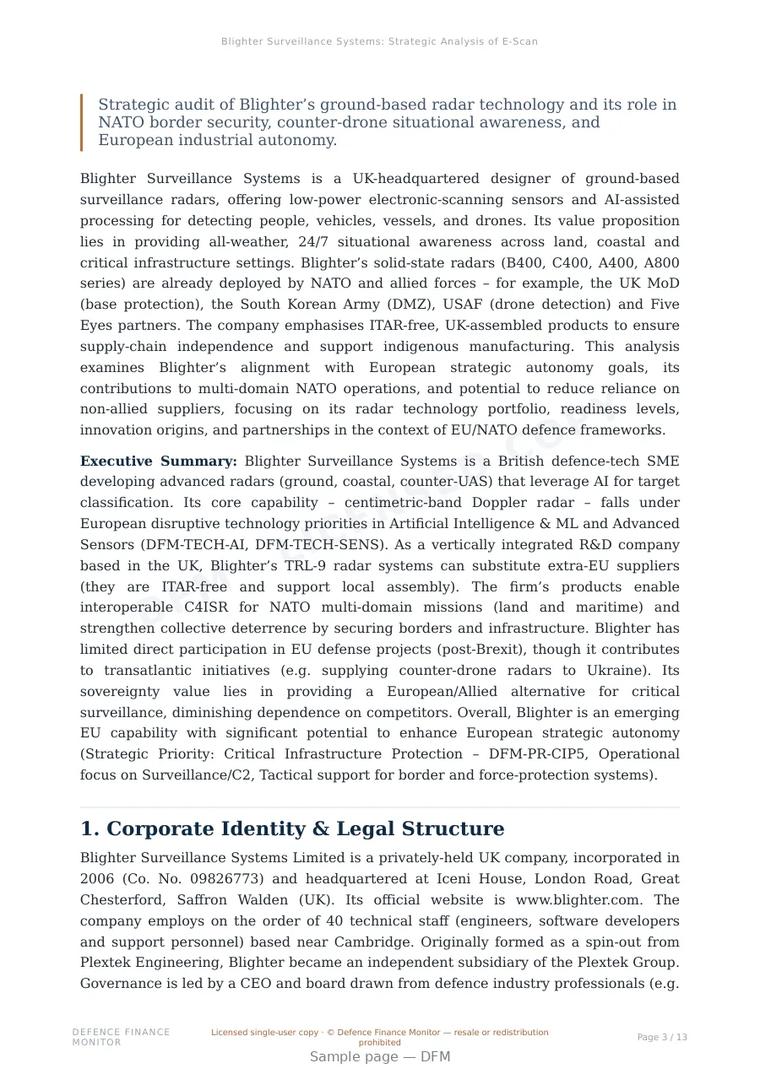 Sample page from “Blighter Surveillance Systems: Strategic Analysis of E-Scan Radar and C-UAS Tech” — 14-page report