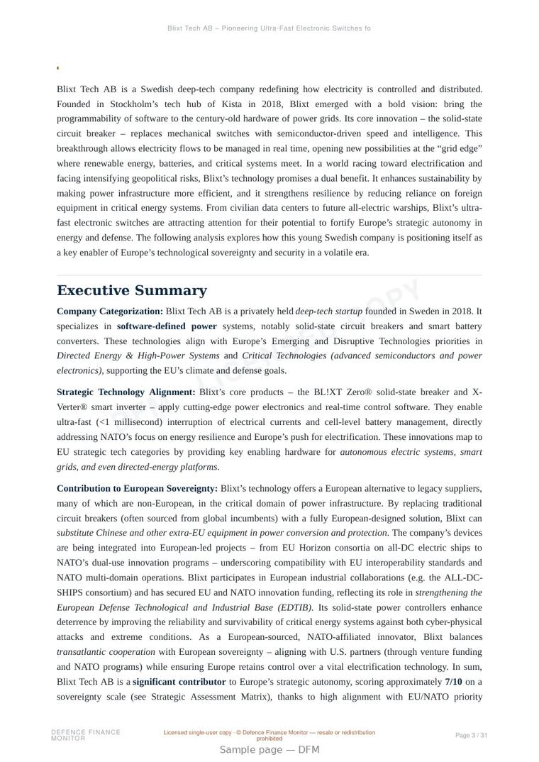 Sample page from “Blixt Tech AB – Pioneering Ultra-Fast Electronic Switches for Europe’s Energy and Defense Future” — 32-page report